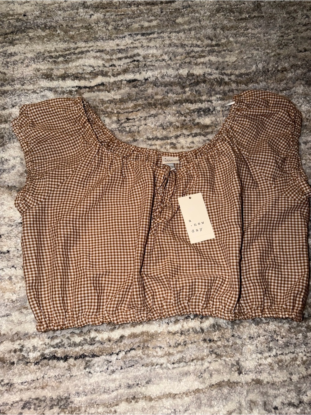 A New Day Brown Gingham Short Sleeve Crop Top